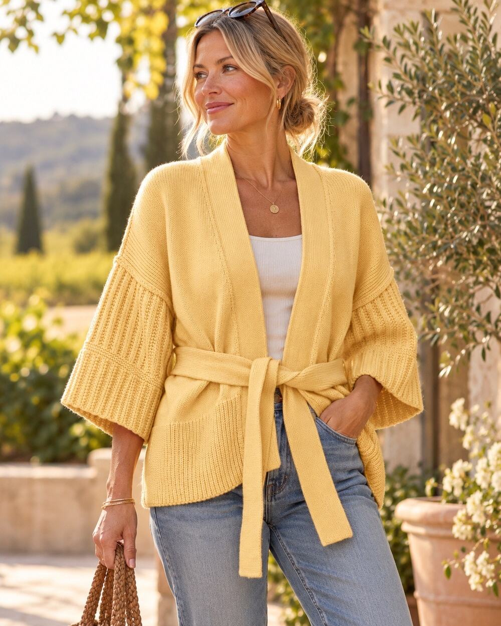 Brochu Walker Butter Yellow Shrug Cardigan Belted Sweater XS